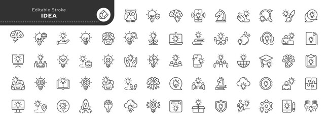 Set of line icons in linear style. Series - Idea. Business idea, creative idea and glowing light bulb. Outline icon collection. Conceptual pictogram and infographic.