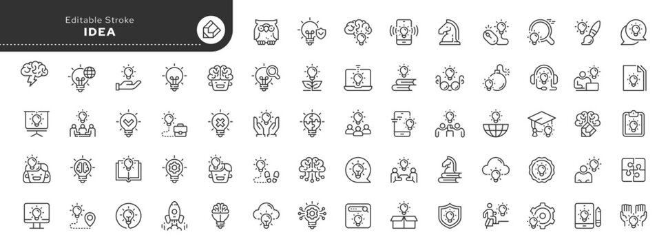 Set of line icons in linear style. Series - Idea. Business idea, creative idea and glowing light bulb. Outline icon collection. Conceptual pictogram and infographic.