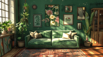 A living room with a green couch and lots of plants