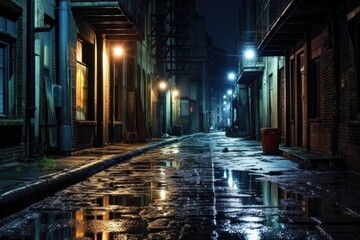 A city street at night with wet pavement and glowing lights. Suitable for urban backgrounds