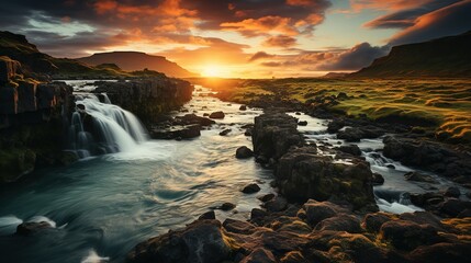 Obrazy na Plexi  a waterfall in the countryside of iceland at sunset, in the style of xp, eye-catching, expansive, green, pretty, tropical symbolism, ambitious