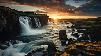 a waterfall in the countryside of iceland at sunset, in the style of xp, eye-catching, expansive, green, pretty, tropical symbolism, ambitious - obrazy, fototapety, plakaty