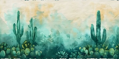 Obraz na płótnie Canvas Watercolor Illustration of diverse green cacti on craft paper seamless background. Concept Watercolor Illustration, Green Cacti, Craft Paper, Seamless Background, Diverse Plants