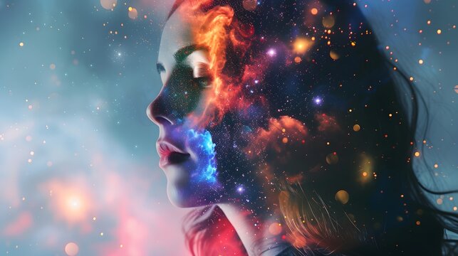 colorful graphic of girl's face with clouds,