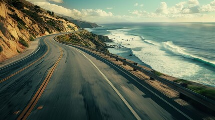 Swift motion of a motorcycle on winding coastal roads, ocean view, hairpin turns ahead