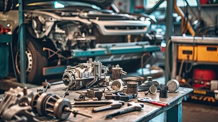 Fototapeta premium A snapshot of automotive passion, where the car and thoughtfully arranged tools reflect the owner's commitment to their craft.