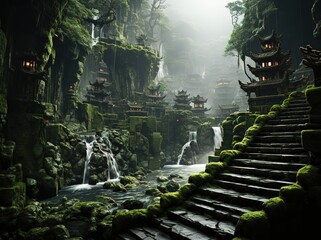 a waterfall is shown in a forest, majestic ports, birds-eye-view, vfxfriday, light gray and dark emerald, travel, zigzags - obrazy, fototapety, plakaty