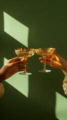 Two people holding wine glasses in front of a green wall
