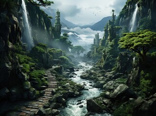 a waterfall is shown in a forest, majestic ports, birds-eye-view, vfxfriday, light gray and dark emerald, travel, zigzags - obrazy, fototapety, plakaty