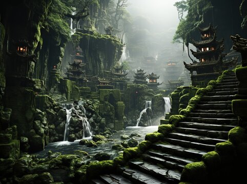 a waterfall is shown in a forest, majestic ports, birds-eye-view, vfxfriday, light gray and dark emerald, travel, zigzags