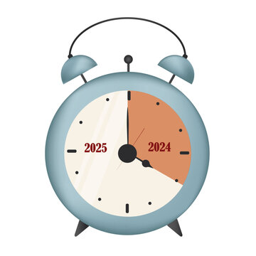 Alarm clock with word 2024 on one side and word 2025 on the other. In progress. New year is coming. Time management concept. Goals and plans for next year. countdown. Time spending - Stock vector