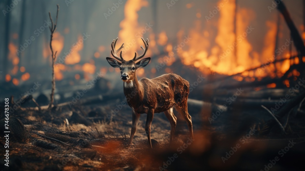 Poster a deer standing in front of a raging forest fire. suitable for environmental and wildlife themes