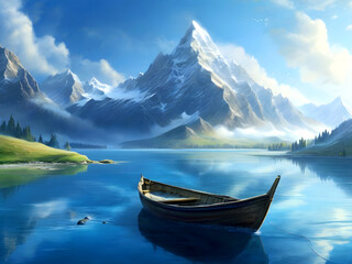 Obraz premium Wooden Rowboat on Mountain Lake Generative Ai