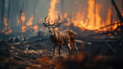 A deer standing in front of a raging forest fire. Suitable for environmental and wildlife themes