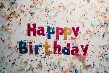 A high-definition camera captures the artistic arrangement of confetti, enhancing the beauty of the "Happy Birthday" text on a white canvas.