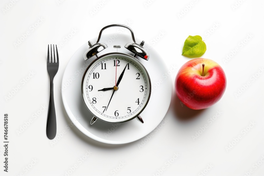 Aufkleber An apple and a clock on a plate with utensils. Perfect for time management concepts