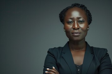 Obraz premium Professional woman in black blazer with crossed arms. Suitable for business and corporate concepts