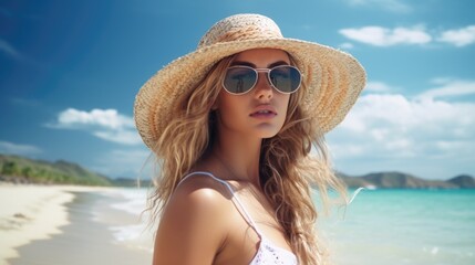 A woman wearing a hat and sunglasses relaxing on a beach. Perfect for travel and vacation concepts