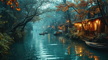 a waterway at dusk surrounded by trees and boats, in the style of dark blue and light aquamarine, time-lapse photography, impressive panoramas - obrazy, fototapety, plakaty