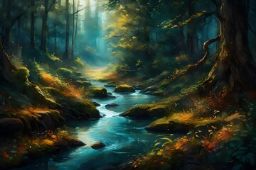 A mythical river flowing through a vibrant forest, its waters shimmering with an otherworldly radiance.