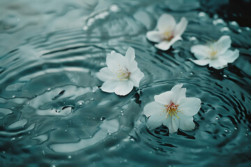 three white flowers floating on a river or lake in th