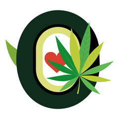 Letter O with rise some cannabis and leaf and some heart with white background 