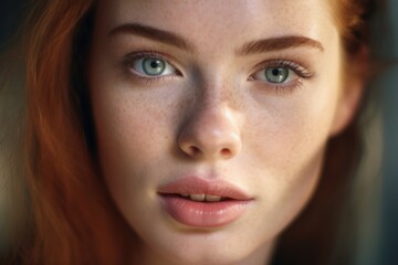 Fototapeta premium Close up of a woman with freckles. Suitable for skincare or beauty concepts