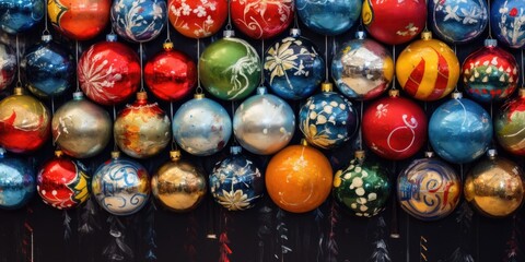 Fototapeta na wymiar Festive Christmas ornaments hanging on a wall. Perfect for holiday decorations