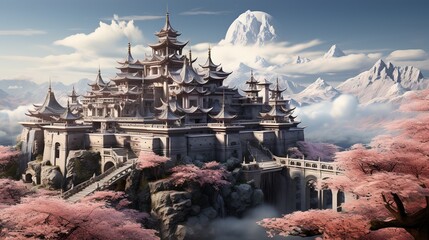 a white castle and cherry blossoms, in the style of mountainous vistas, grandiose architecture, influence, culturally diverse elements, pigeoncore