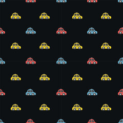 Seamless Pattern with Toy Taxi Cars. Multicolored toy taxi cars. Background with Red, Blue, Yellow Toy Taxi Cars. Vector illustration on black