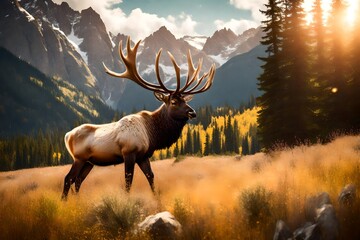 Majestic elk grazing peacefully in a sunlit meadow surrounded by towering peaks.