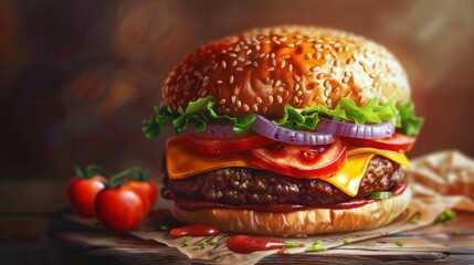 Hamburger Painting With Tomatoes and Onions