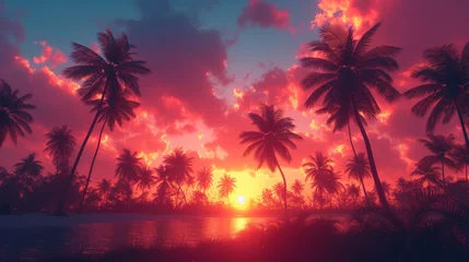 Papier Peint photo Lavable Bordeaux Sunset With Palm Trees and Body of Water