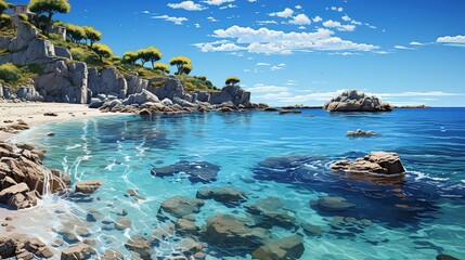 a white sandy beach with clear water in the distance, landscapes, spectacular backdrops, coastal views, dark blue and teal, 32k uhd, crystalline and geological forms