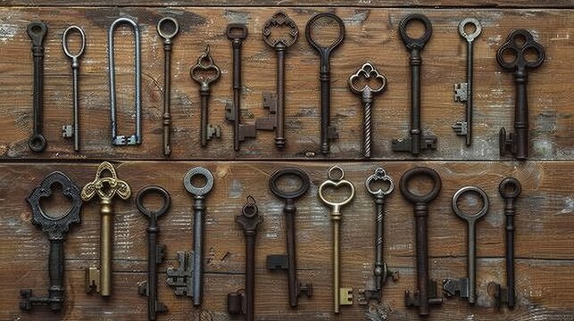 Collection of various antique keys on a rustic background