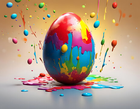 An Easter egg is painted with colorful blobs of paint