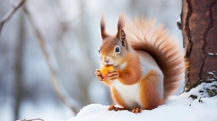 Fototapeta premium Cute red squirrel eats a nut in winter scene with nice blurred forest in the background