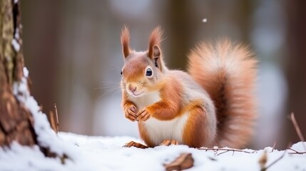Naklejka na ściany i meble Cute red squirrel eats a nut in winter scene with nice blurred forest in the background