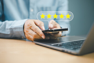 Customer satisfaction survey concept. Rate 5-star satisfaction. Opinion service experience rating...