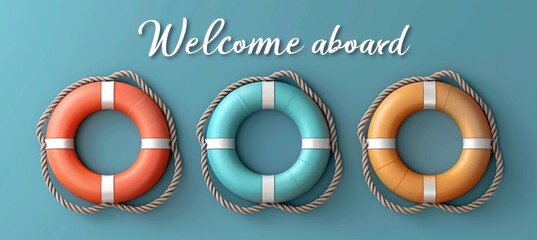 Cartoon lifebuoy with ropes vector isolated,  welcome aboard  text, nautical theme illustration
