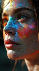 a woman has a rainbow of colors running around and a light in her eyes, in the style of realistic anatomies, celestialpunk, light black and blue, circuitry, animated gifs, chalk