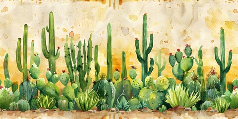 Watercolor illustration of diverse green cacti on craft paper seamless background. Concept Cacti Illustration, Green Theme, Crafting Inspiration, Seamless Backgrounds, Watercolor Art
