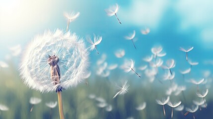 Dandelion and butterfly closeup with seeds blowing away in the wind. Pale Retro toning