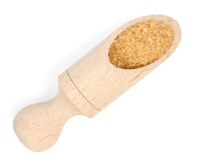 Brown sugar in scoop isolated on white, top view