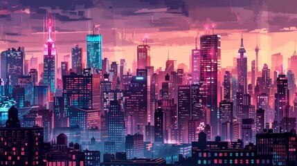 Panoramic skyline of a bustling metropolis at night - obrazy, fototapety, plakaty