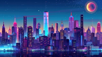 Panoramic skyline of a bustling metropolis at night