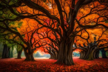 A magical arboretum where each tree bears leaves that change color with the passing of enchanted seasons. - obrazy, fototapety, plakaty