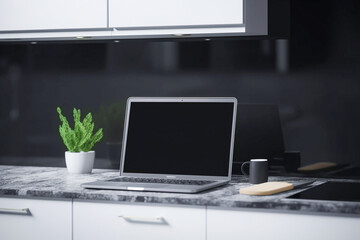 Blurred view of laptop with blank screen on white table in modern kitchen. Mock up