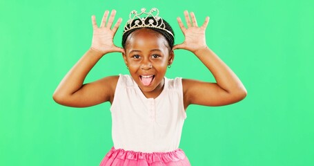 Children, playful and princess with a black girl on a green screen background in studio feeling...