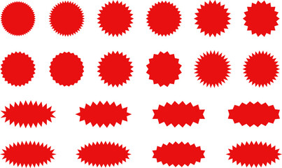 Starburst red sticker set - collection of special offer sale oval and round shaped sunburst labels and badges. Promo stickers with star edges. Promo advertising Vector.
